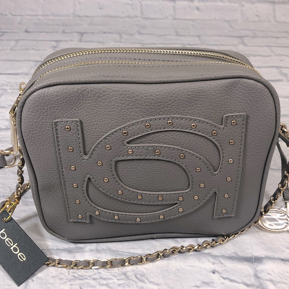 Bebe crossbody chain strap handbag Grey “Oliver Camera Bag” Dual Zip New